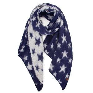 Navy Blue & White Allover Star Brushed Oblong Bias Cut Comfy Scarf Patriotic USA
